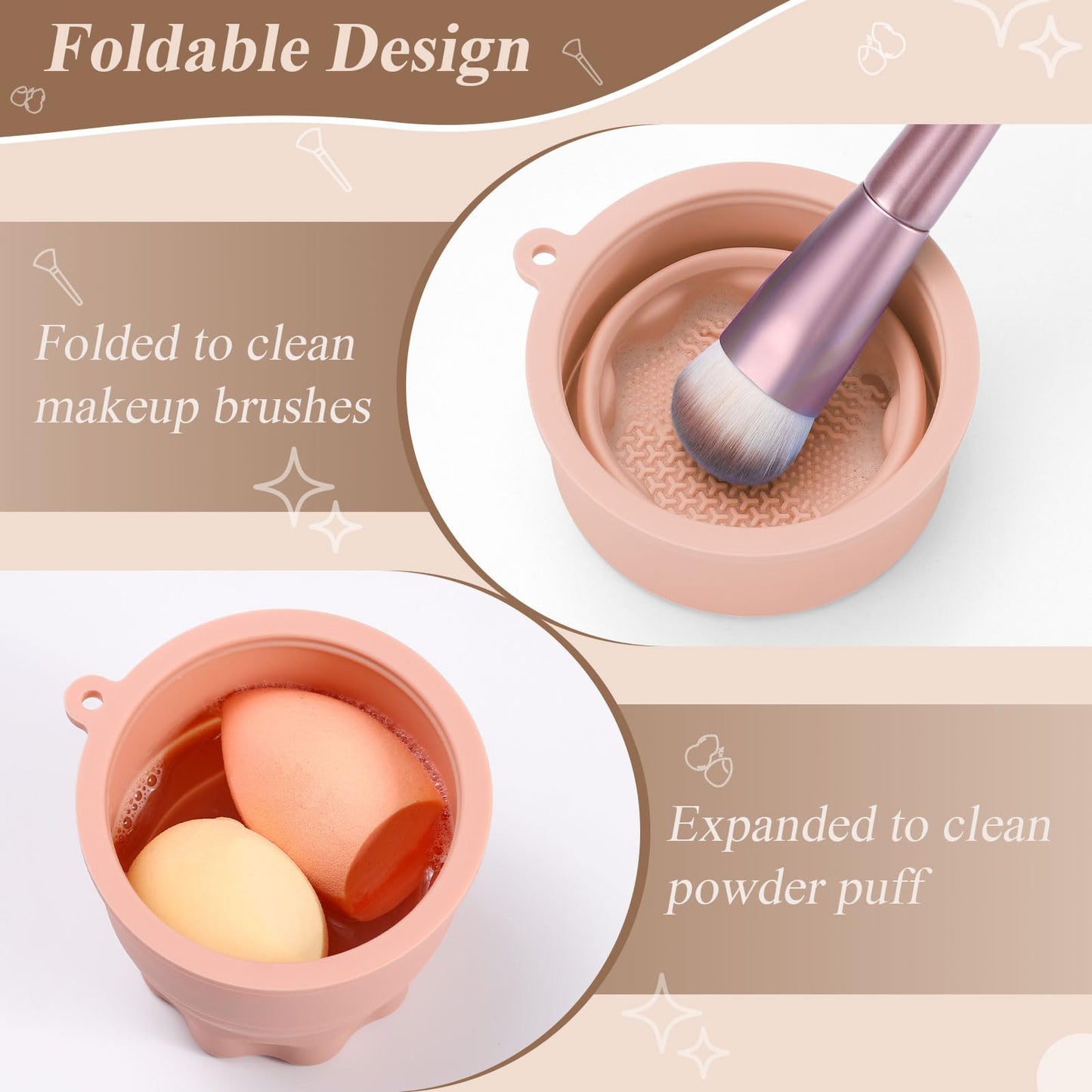 WantGor Makeup Brush Cleaner Mat with Brush Storage Holder, 3 in 1 Foldable Silicone Bowl Cosmetic Brushes Cleaning Pads Tool for Makeup Brush, Makeup Sponge, Powder Puff (Khaki)