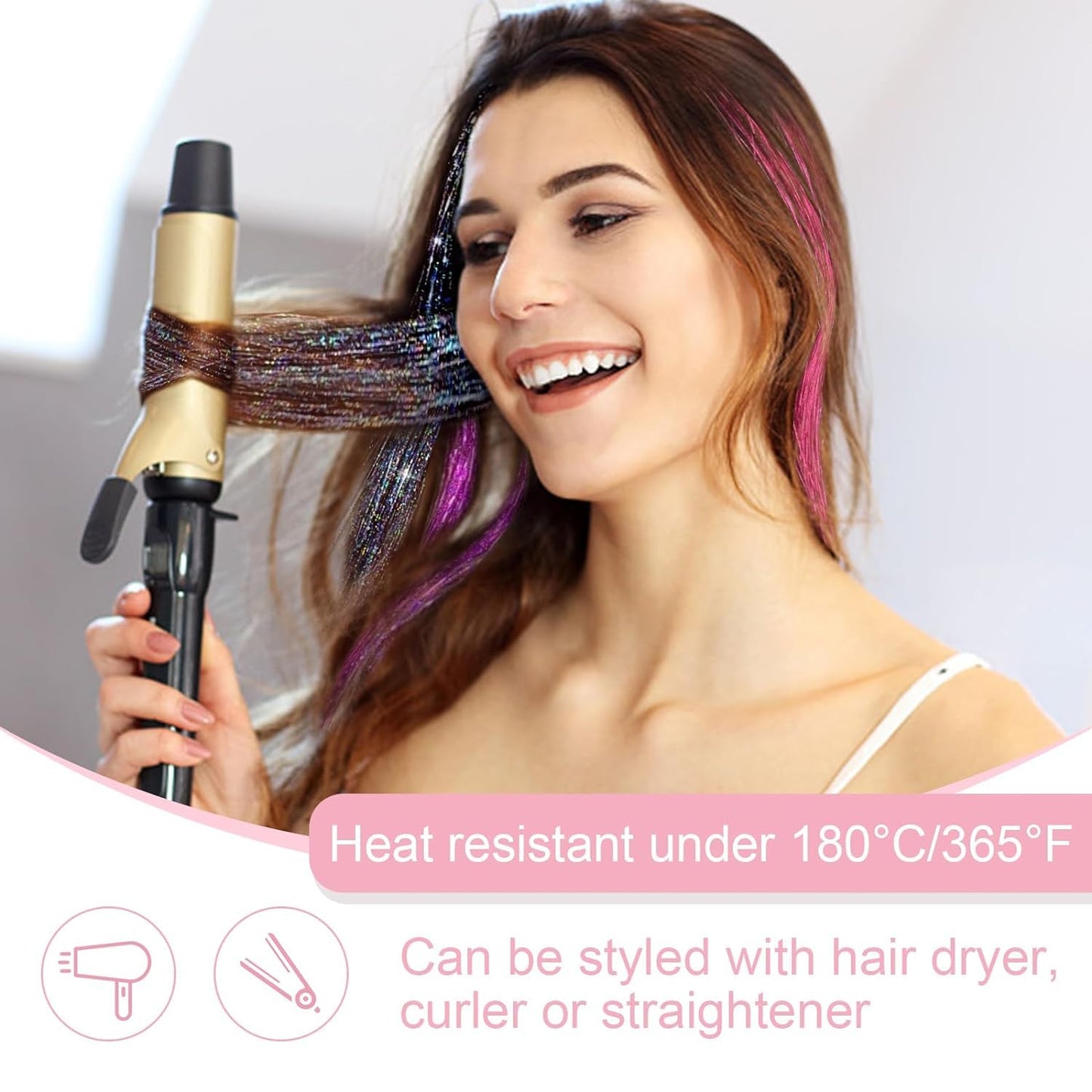 ZYXQZYX Hair Tinsel Kit Pack of 18 Pcs Hair Tinsel Clip in 19.6Inch Glitter Tinsel Hair Extensions Heat Resistant Clip in Hair Tinsel Sparkle Fairy Hair Accessories for Kids Girls Women (Pink)