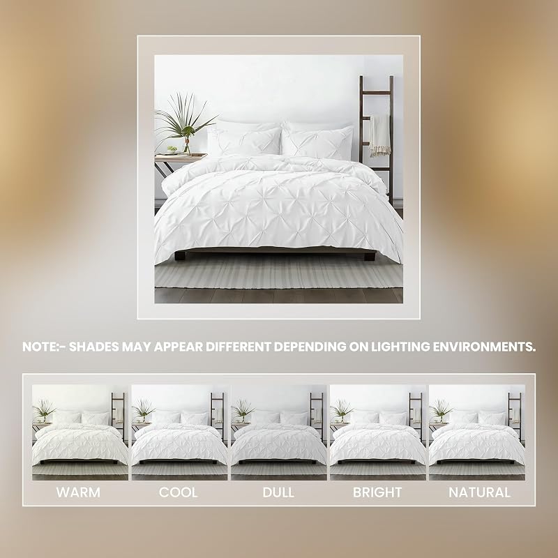 Queen/Full 3-Piece Pinch Pleated Duvet Cover Set - 100% Egyptian Cotton 600TC in White (No Comforter) - Zipper Closure & 7 Internal Ties