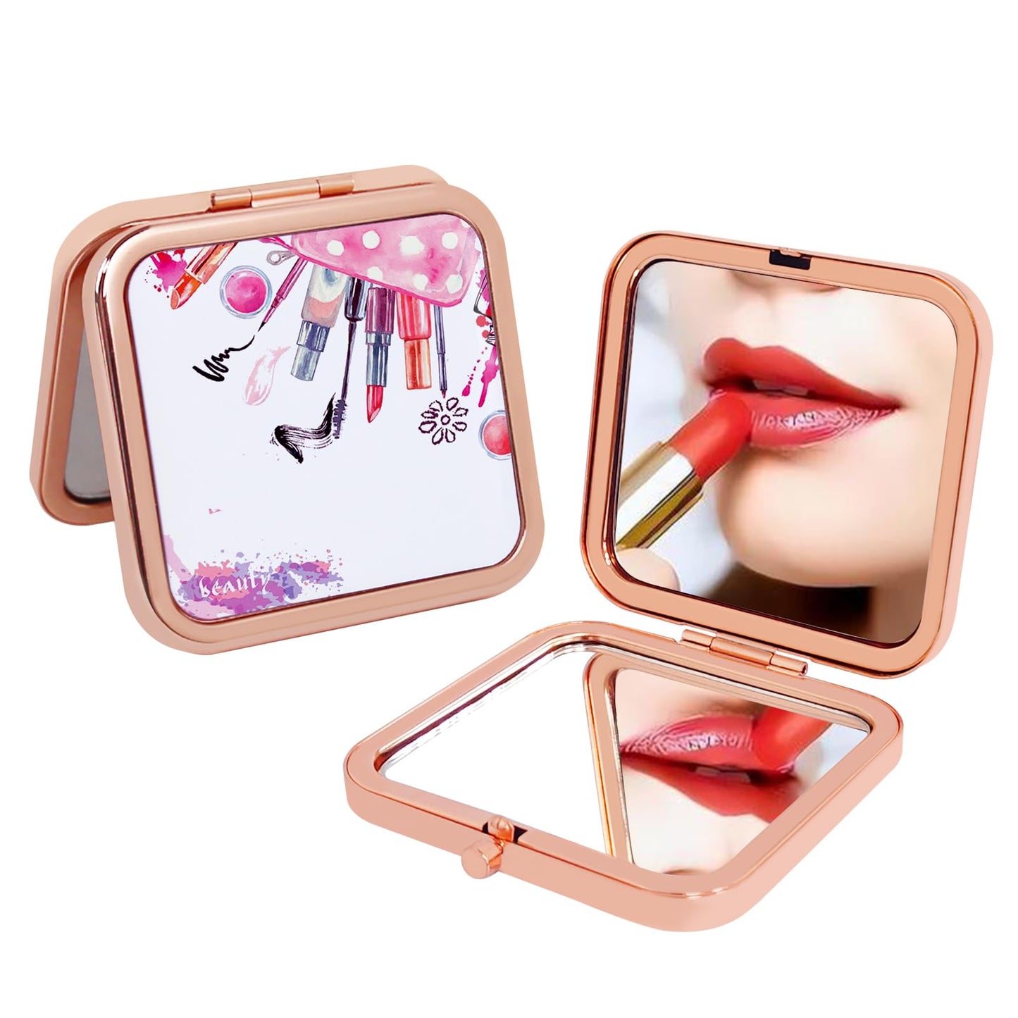 Compact Mirror, Pocket Travel Makeup Mirror, Double-Sided 2X / 1X Magnification, Small Folding Portable Handheld, 2.8 in Rose Gold