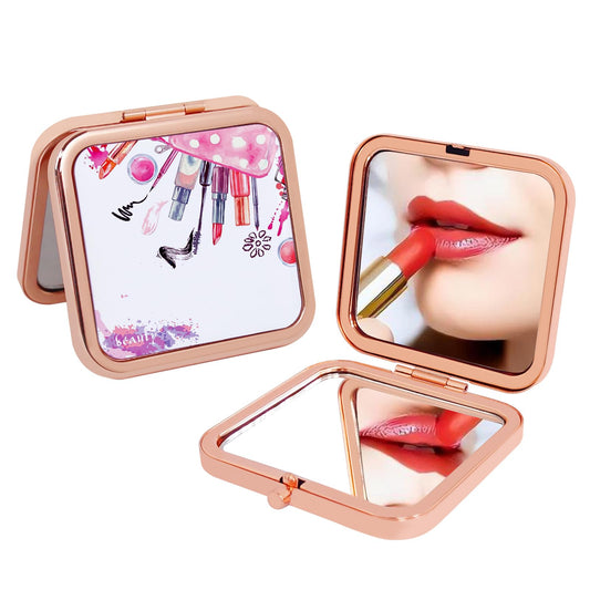 Compact Mirror, Pocket Travel Makeup Mirror, Double-Sided 2X / 1X Magnification, Small Folding Portable Handheld, 2.8 in Rose Gold