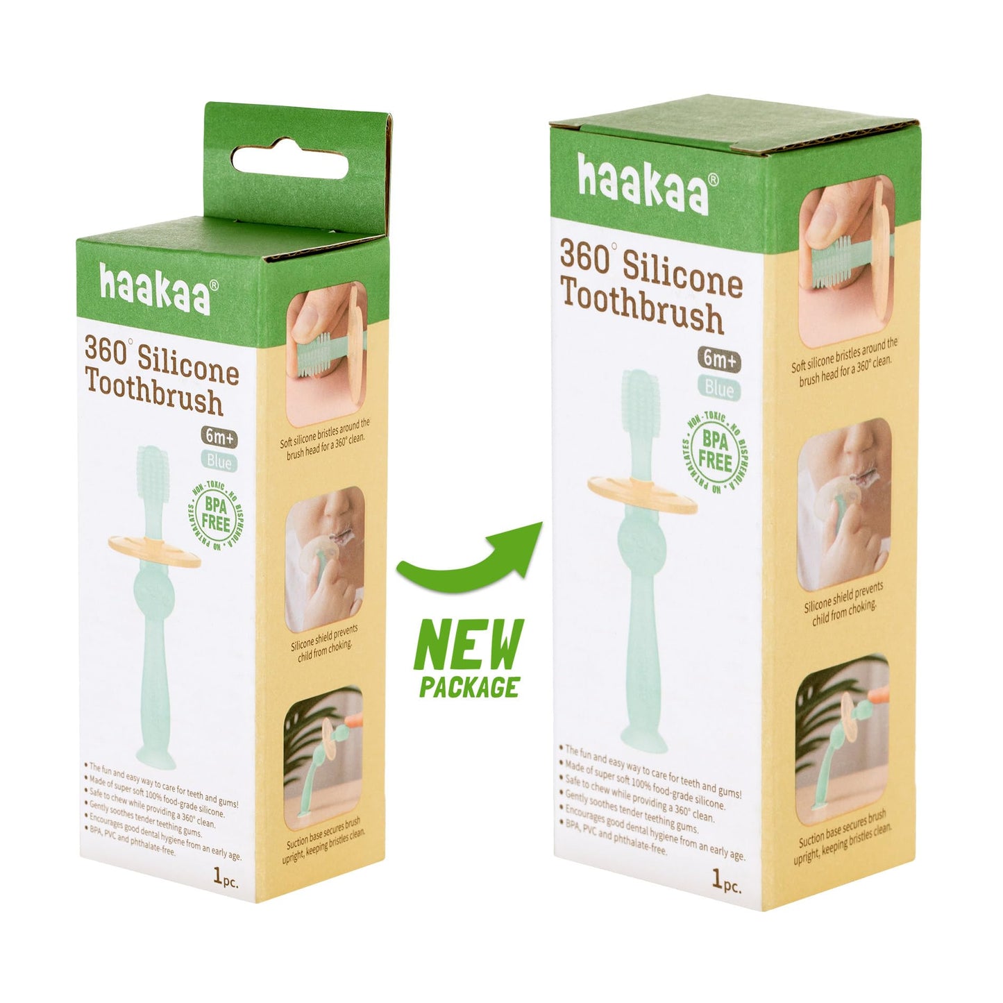 haakaa 360° Baby Toothbrush with Suction Base - Gentle Cleaning for Toddler's Self-Brushing Training, Food-Grade Silicone, Adjustable Safety Shield - Blue (1 Piece)