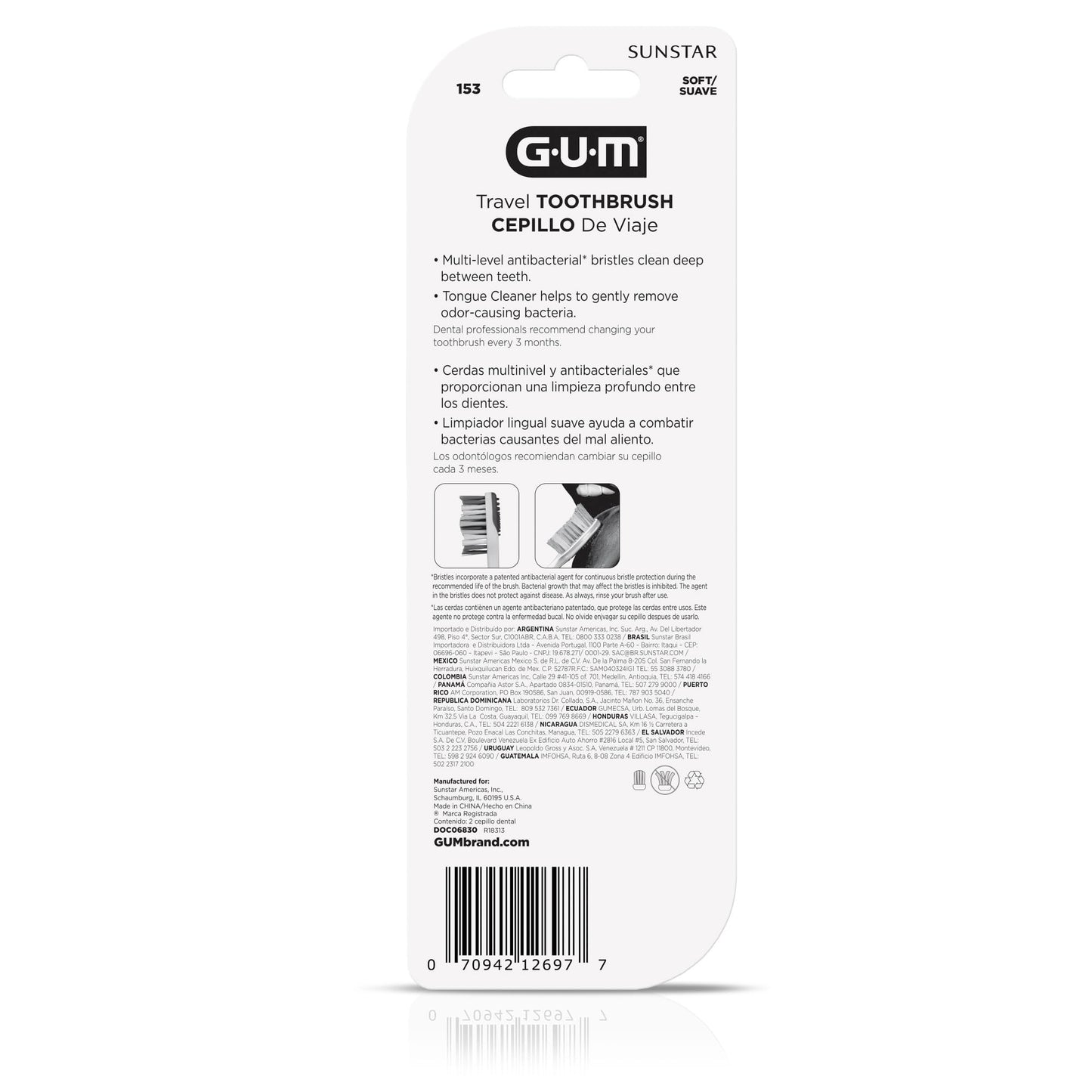 GUM Folding Travel Toothbrush, Compact Head + Tongue Cleaner, Soft Bristled Travel Toothbrushes for Adults, 2ct (Colors may vary)