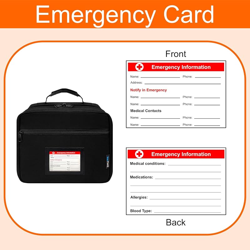 Large Pill Bottle Organizer & Medicine Bag, Emergency Card, Black