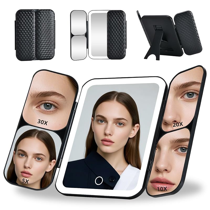Tri-fold Lighted Vanity Mirror with 5X/10X/20X/30X Magnification, Rechargeable Travel Makeup Mirror - Black (Variation: Black)