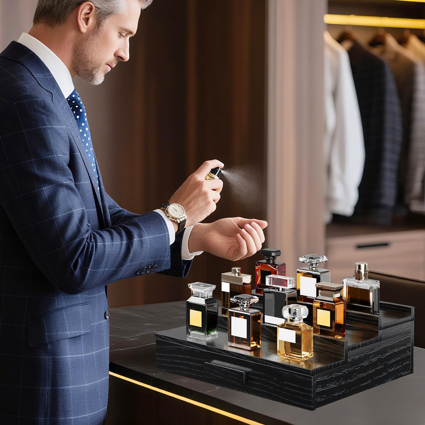 Gernshe Cologne Organizer for Men,3 Tier Solid Ash Wood Cologne Stand,Cologne Shelf Display Holder,Perfume Stand Organizer with Drawer and Hidden Storage,Great Gift for Men Father's Day,Black