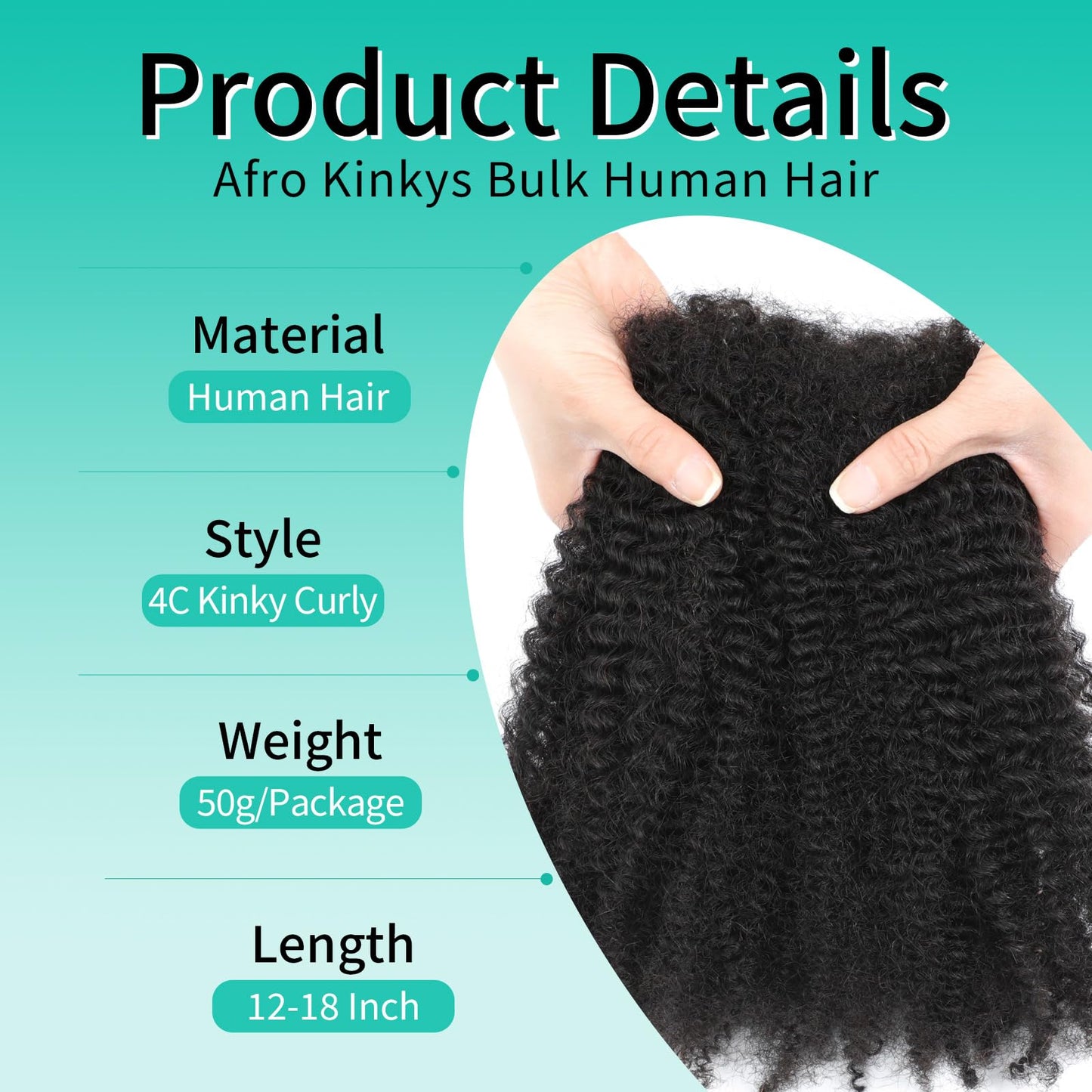 Humistwbiu Afro Kinkys Bulk Human Hair for Dreadlocks Extensions Repair Locs/Twists/Braids 4C Afro Kinky Curly Human Hair 1 Pack 50 Gram Nature Black Color 16 Inch