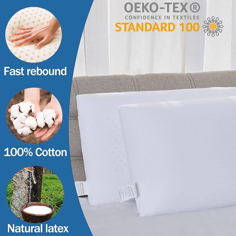 Queen Mid Loft Talalay Latex Pillow with Removable Cotton Cover – Pressure Relief, Breathable