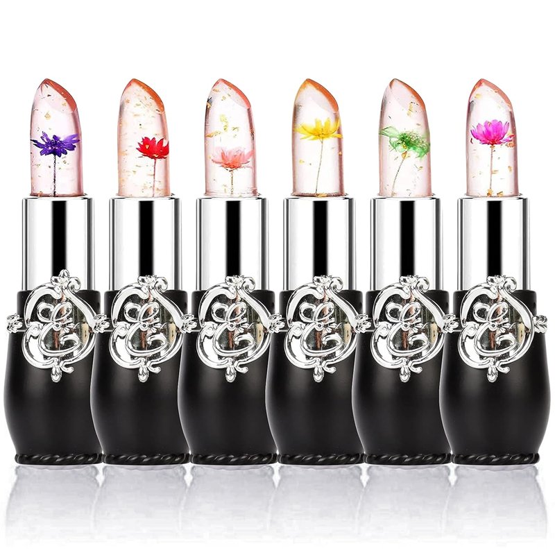 firstfly Pack of 6 Crystal Flower Jelly Lipstick, Long Lasting Nutritious Lip Balm Lips Moisturizer Magic Temperature Color Change Lip Gloss (Pink)