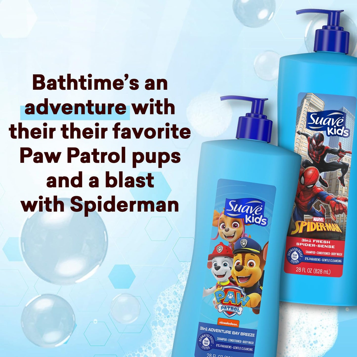 Suave Kids 3-in-1 Variety 2-Pack – Spiderman Fresh Spider-Sense & Paw Patrol Adventure Bay Breeze, Shampoo, Conditioner & Body Wash, 28 Oz Ea