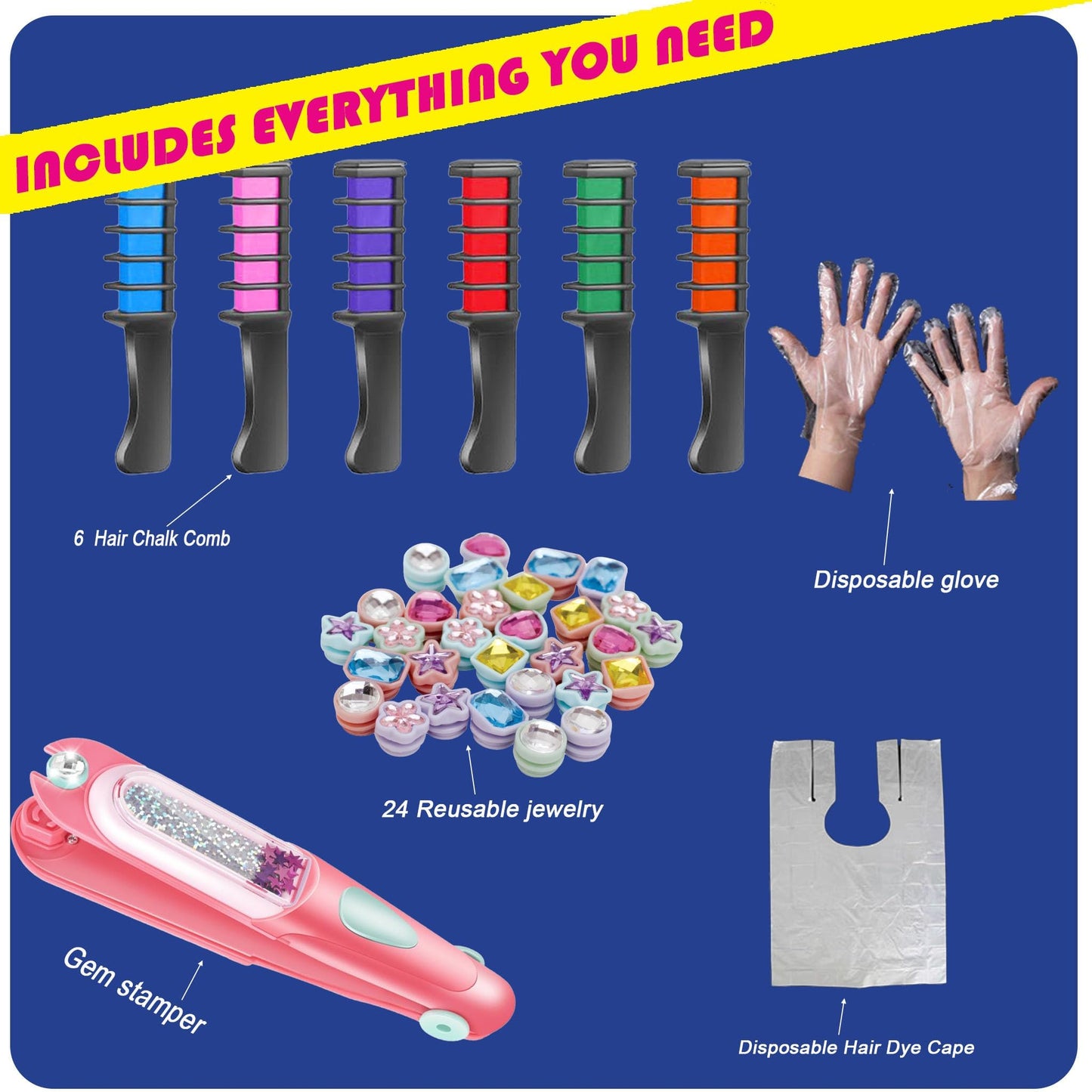 Hair Gem Stamper Kit with Reusable Bling Jewels & Washable Chalk - Girls Hair Styling Toys, Creative DIY Accessories, Birthday Gifts for Ages 5-12 (Light Hair Friendly)