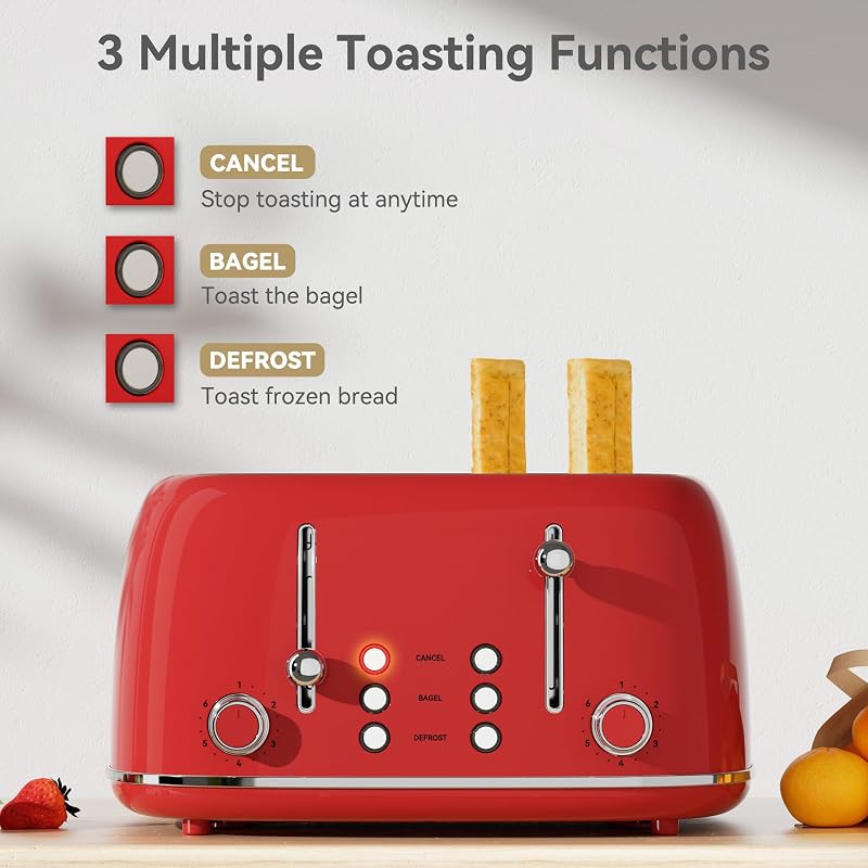 KITCHMIX 4-Slice Retro Toaster with 6 Shade Settings, 1.5" Wide Slots, Dual Controls, Red