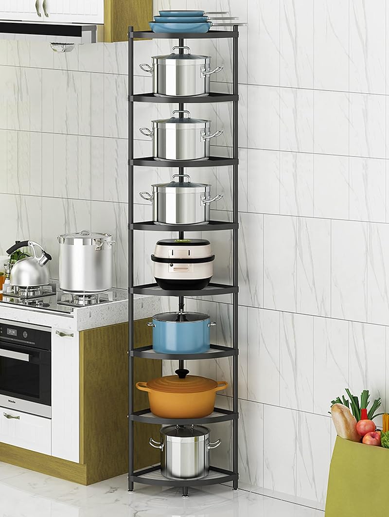 8-Tier Kitchen Corner Shelf Rack with Black Finish – Heavy-Duty Pot & Dish Storage