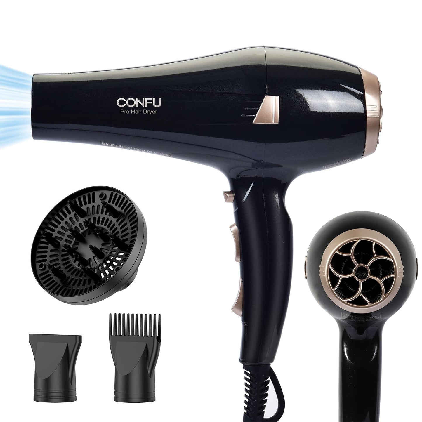 CONFU Hair Dryer, Professional Ionic Salon Blow Dryer with Diffuser for Women and Men, 5X Fast Drying, Powerful and Quiet Hair Blow Dryer for Fast & Easy Styling (1875 Watts)