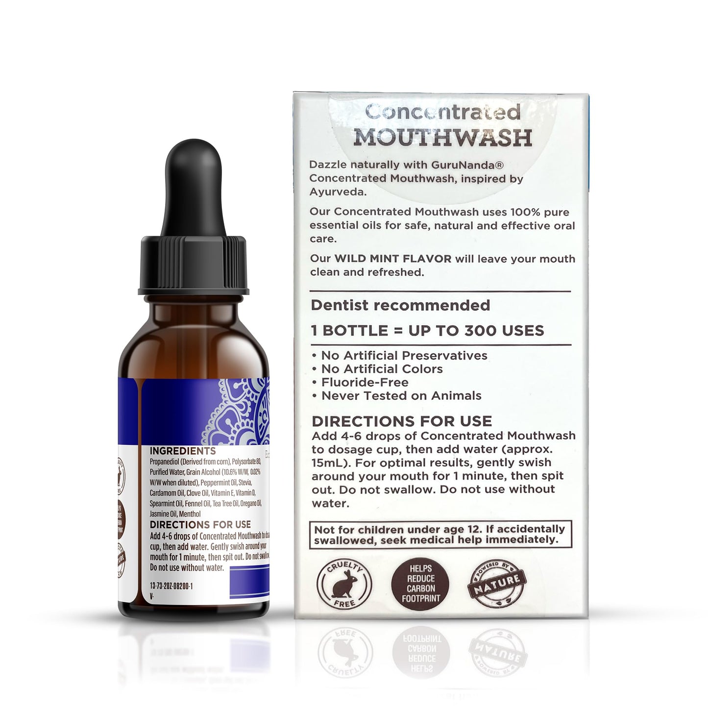 GuruNanda Concentrated Mouthwash (2 fl oz), Fluoride-Free, Mint Mouthwash with Natural Essential Oils, Supports 300 Rinses, Aids in Fresh Breath