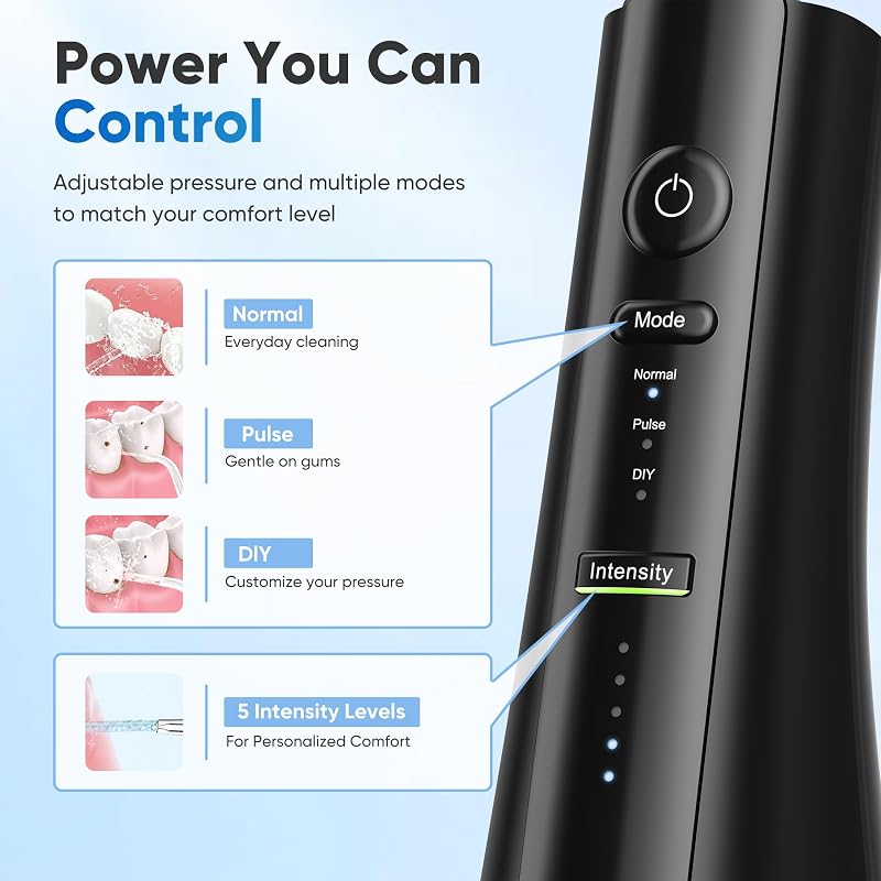 Cordless Water Flosser with U-Shaped Tip, 350ml Tank, 3 Modes – Included 8 Tips, Black (Variation of THIS listing: Black)