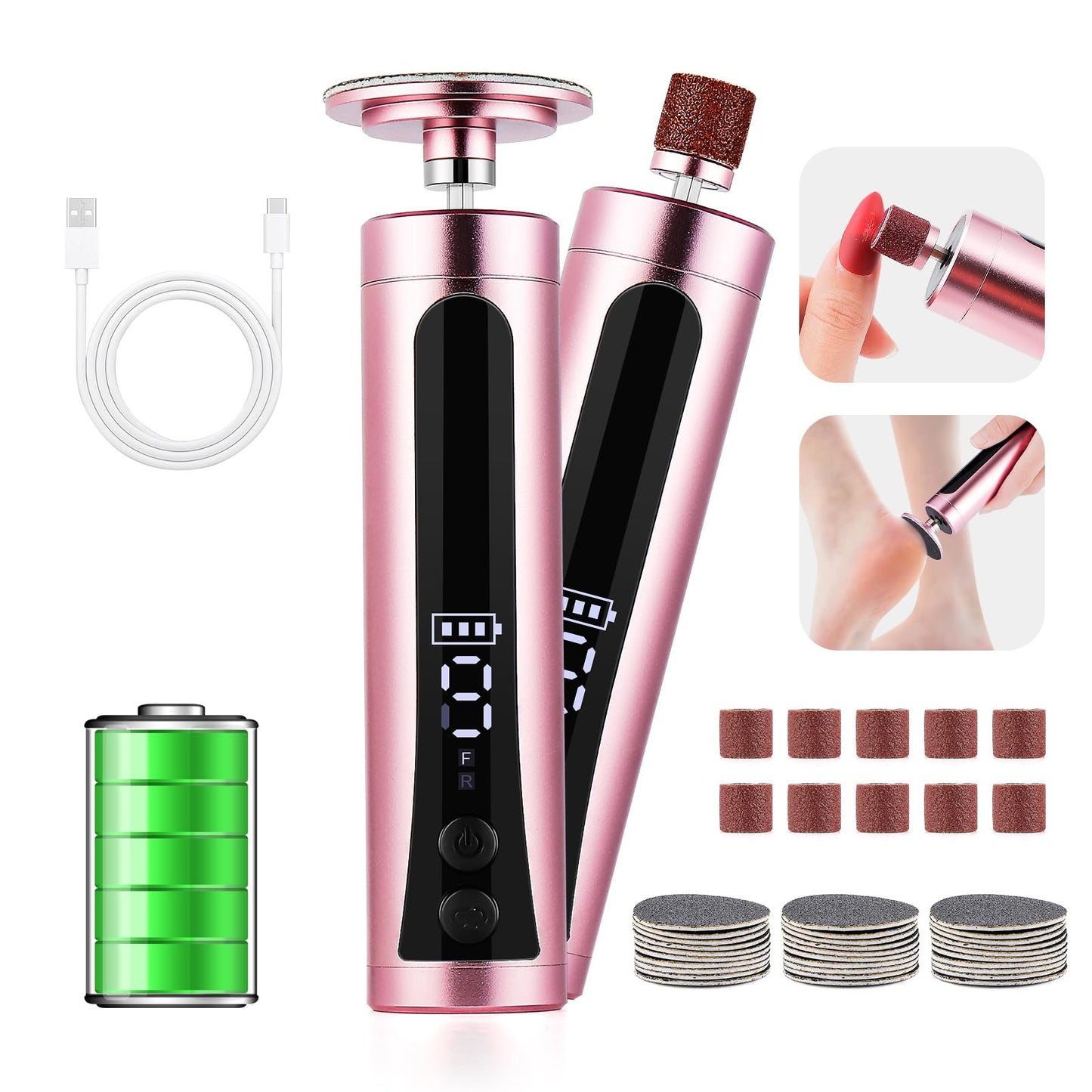 Rechargeable Callus Remover for Feet Electric 2-in-1 Pedicure Tools Foot File Grinder LCD Display 9 Adjustable Speeds 2 Sanding Heads 30 Sanding Paper