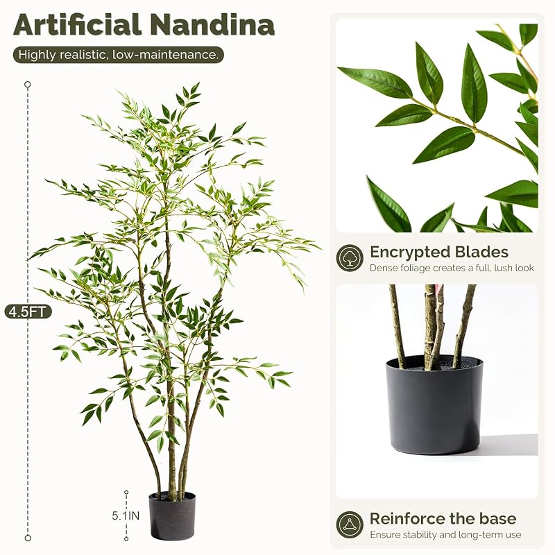 4.6ft Faux Bamboo Tree with 800+ Leaves in Cement Planter – Realistic Indoor Nandina Tree, Non-Toxic, Green Variation Included