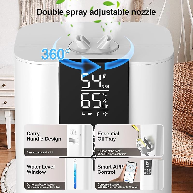 White 8L Top-Fill Smart Humidifier with App & Remote, 550 Sq Ft Night Light 40H 3 Mist Levels