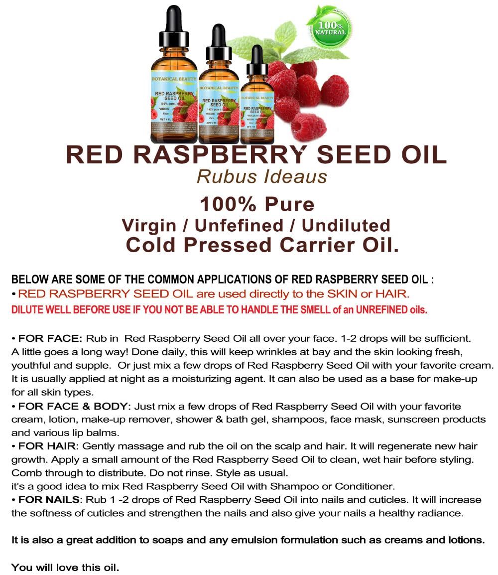 Botanical Beauty RED RASPBERRY SEED OIL 100% Pure Natural Virgin Unrefined Undiluted Cold Pressed Carrier Oil for Face, Skin, Hair, Body, Nails. Rich in Vitamin C, Vitamin E (4 Fl Oz)