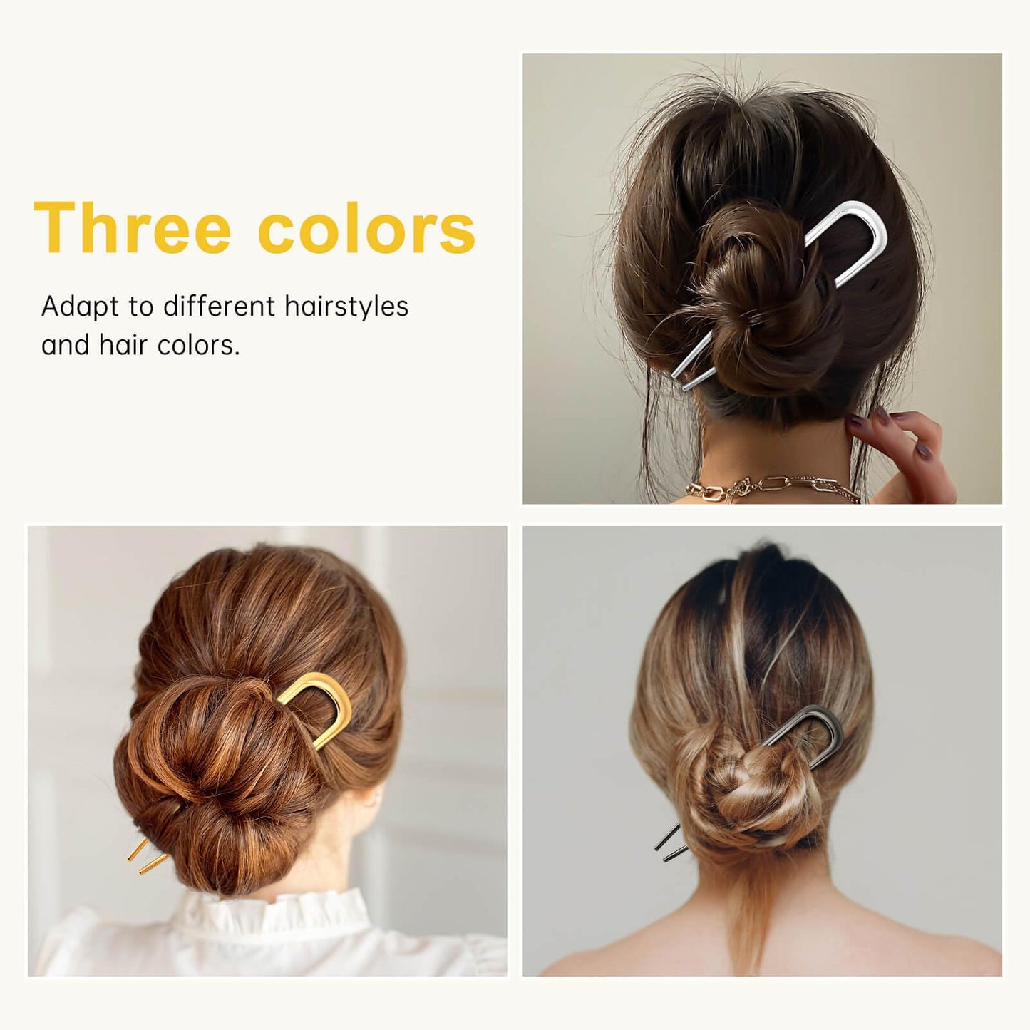 3 Pcs French Hair Pin for Women, 5.5 Inch Metal U-Shaped Hair Clip for Thick Hair, Hair Pins Suitable for Different Hairstyles (Black, Gold, Silver)
