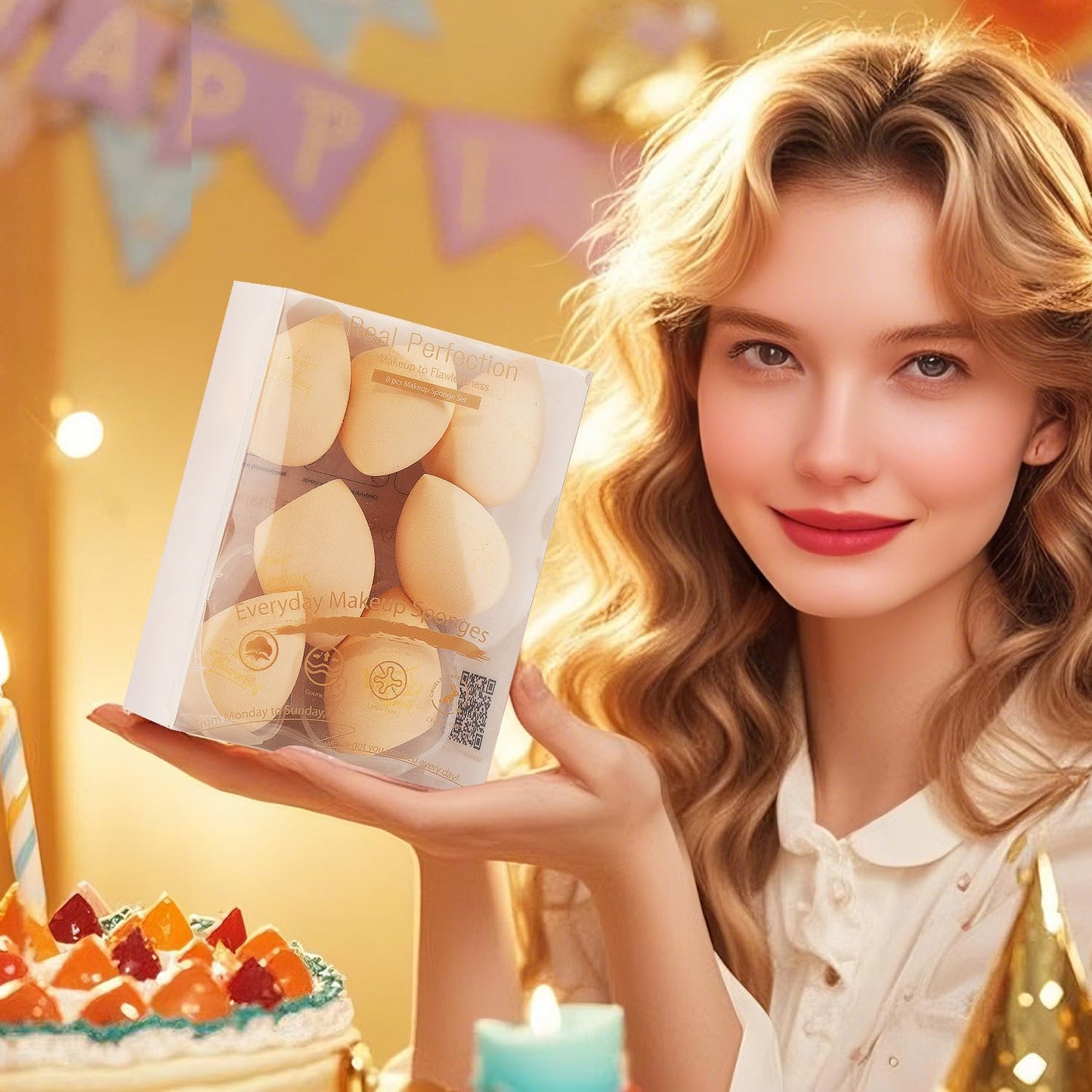 Real Perfection Makeup Sponge Set Blender Sponges, Latex-Free Beauty Makeup Sponges 7 pcs with 1 Travel Container Case for Blending Foundation Liquid Cream and Powder (Beige)