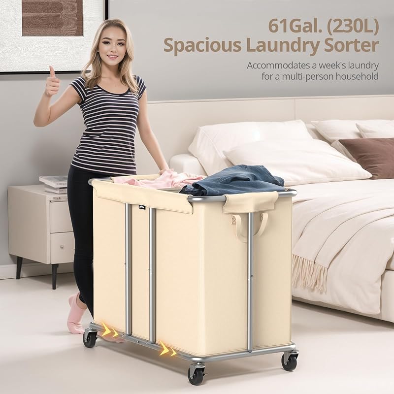 2-Section Rolling Laundry Hamper with Wheels, Beige 31.5" x 15.75" x 30.7"