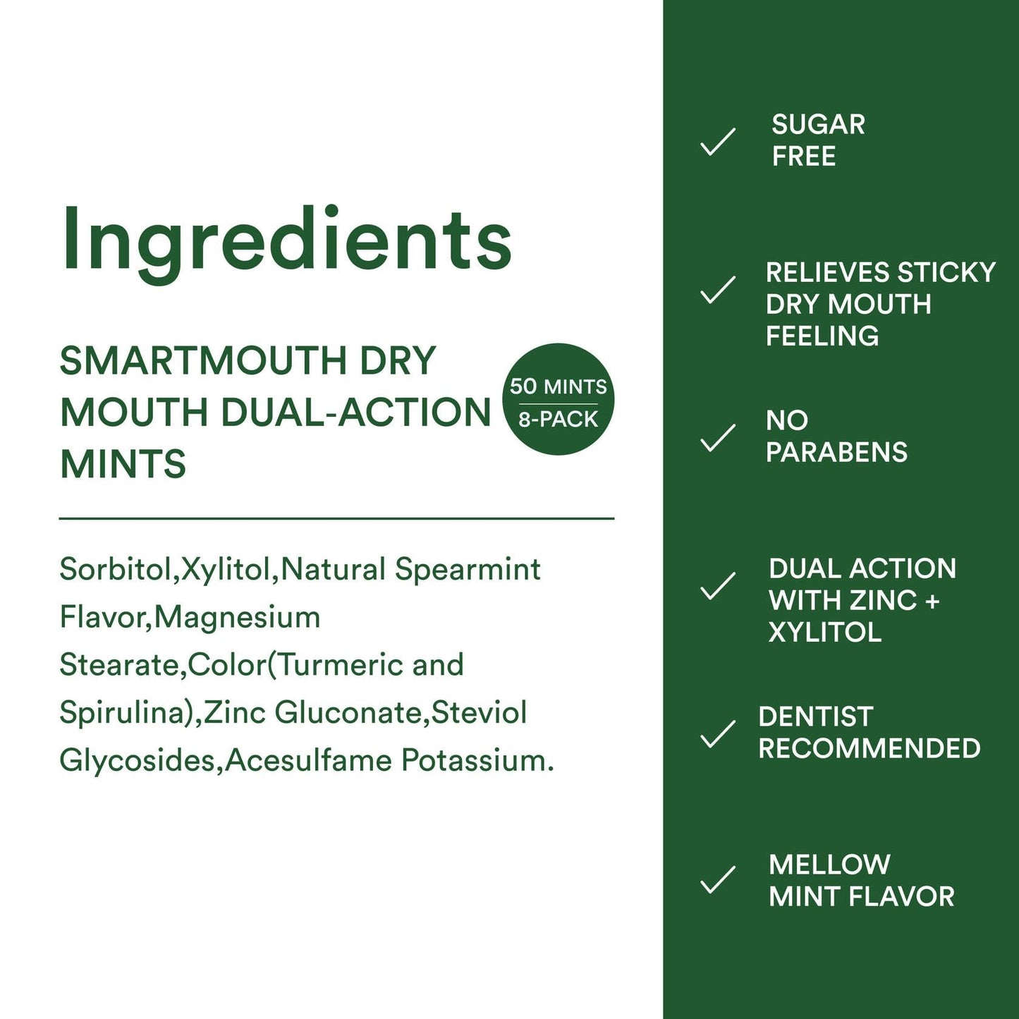 SmartMouth Dry Mouth Dual-Action Mints - Sugar-Free Breath Mints - 50 Count, 8 Pack, Mellow Mint
