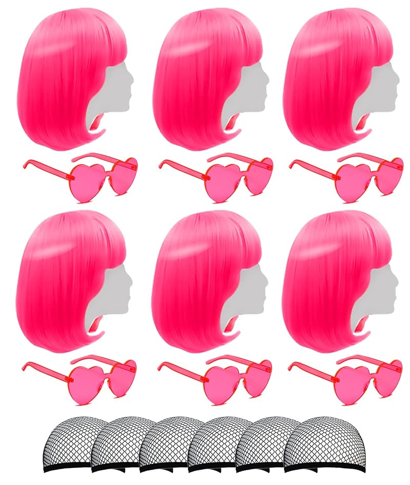 Hot Pink Bob Cosplay Wig with Bangs 6Pcs & Heart Sunglasses - Halloween Party Set
