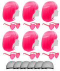 Hot Pink Bob Cosplay Wig with Bangs 6Pcs & Heart Sunglasses - Halloween Party Set