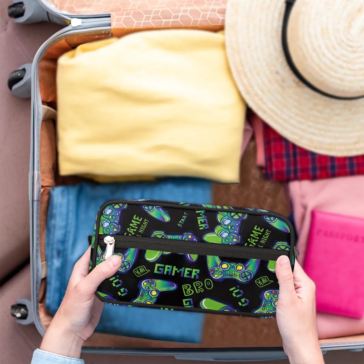 LLCXCSI Travel Toiletry Bag for Boys Kids, Waterproof Hanging Dopp Kit for Men, Shaving Bag with Large Capacity for Travel, Sports, Shower (Blue Video Game)