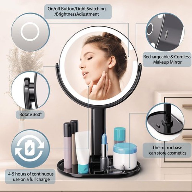 8" Lighted Makeup Mirror with Magnification, 1X/10X Magnifying Mirror with Light, Rechargeable Double Sided LED Vanity Mirror, 360° Rotation Light up Mirror 3 Colors Brightness Adjustable, Black