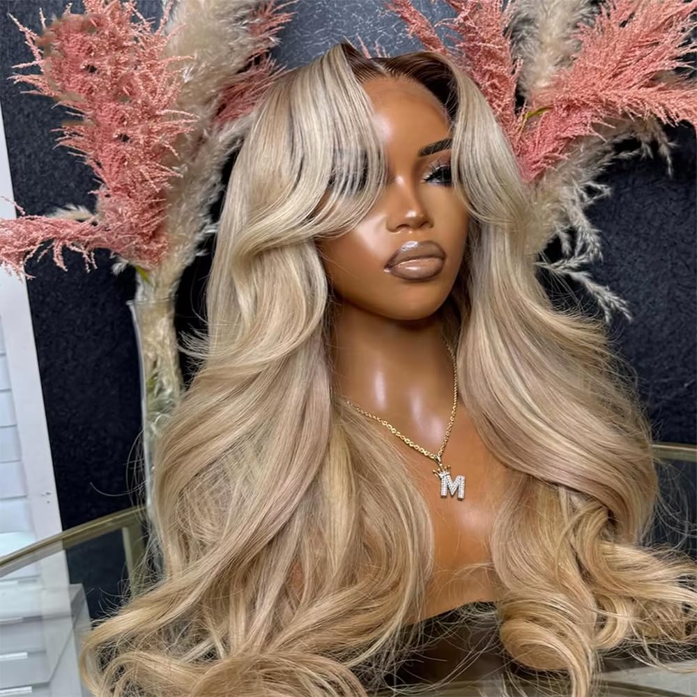 CIYOO Ombre Brown Roots Ash Blonde Wigs Human Hair 200% Density 13x6 Body Wave Hd Thin Lace Front Wig for Women Glueless Ombre Blonde Colored Lace Front Wigs 26 Inch