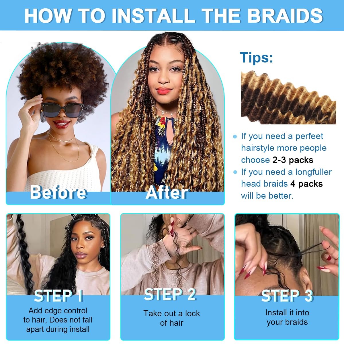 CIFENDIN Human Braiding Hair for Boho Braids 24 Inch 110g Color 4/27 Highlight Balayage Deep Wave Boho Bulk Human Hair for Braiding Knotless 12A Curly Wet and Wavy Bohemian Braids No Weft 3 Bundles