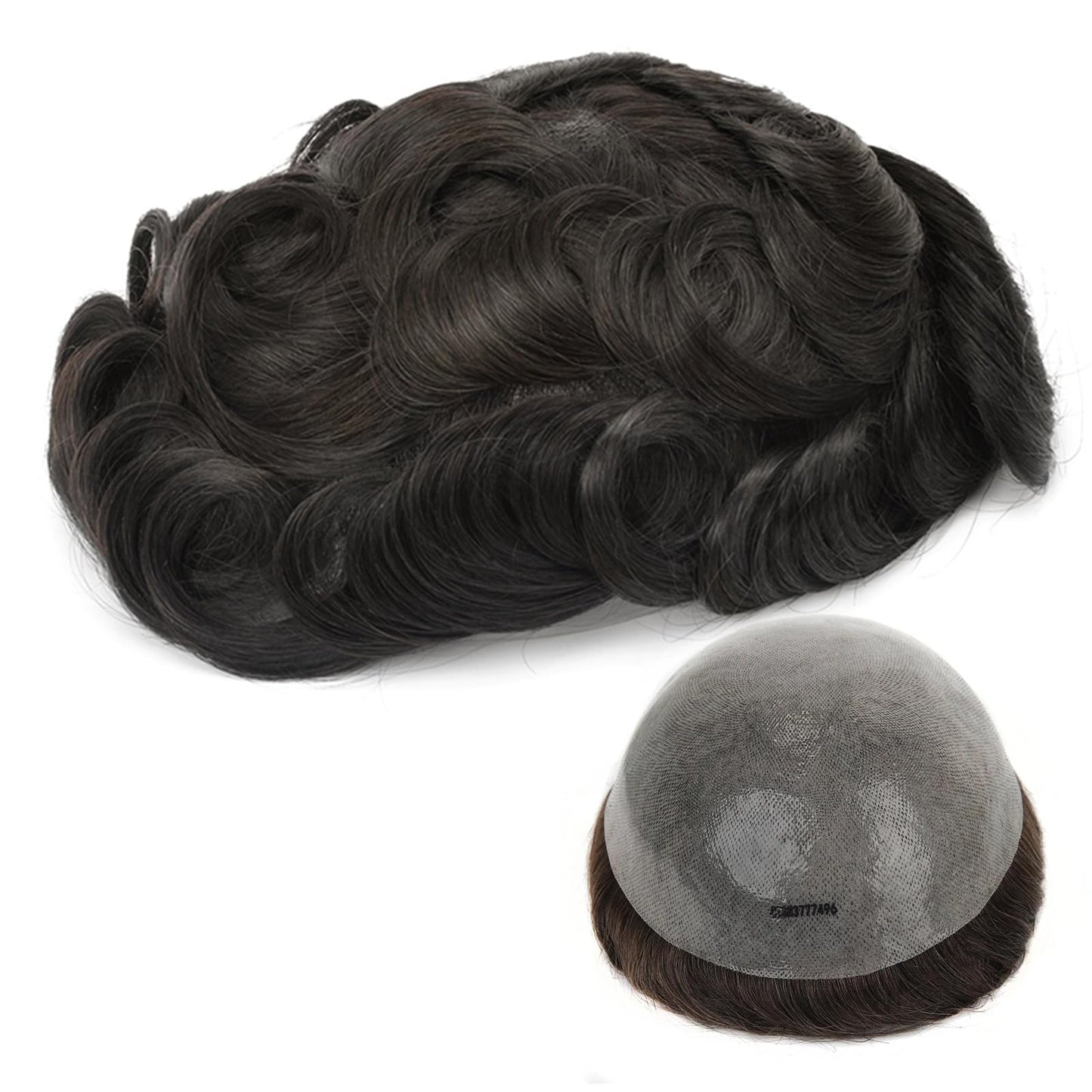 Topunique 0.08mm Thin Skin Toupee for Men, Remy Human Hair 8x10 Inch PU Base 110% Medium Density Knotless V-Looped Hairline #1B Natural Black