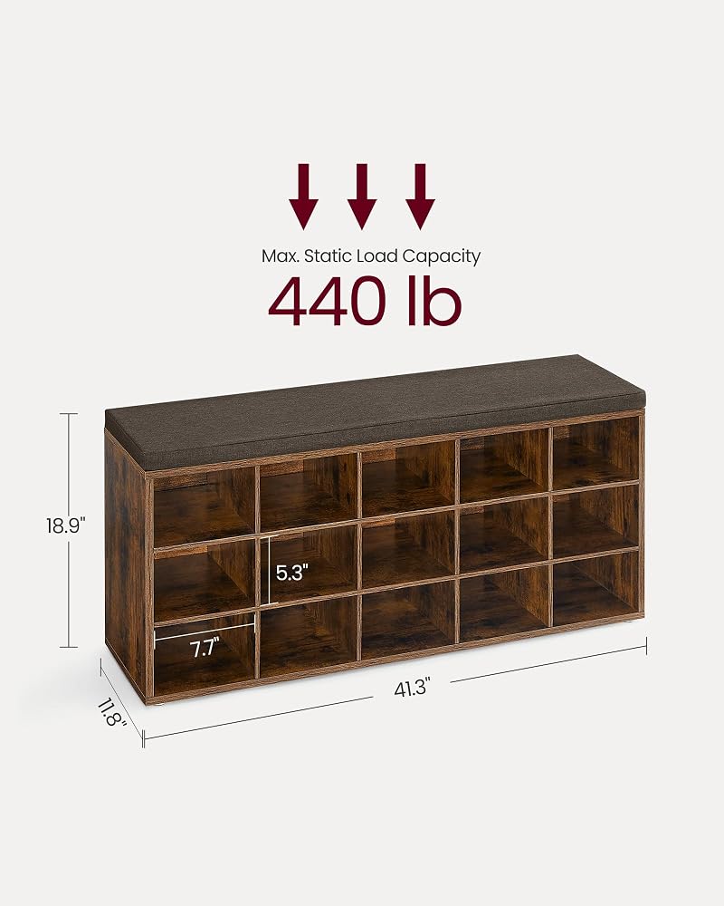 VASAGLE Rustic 15-Cubby Shoe Bench with Cushion - Brown