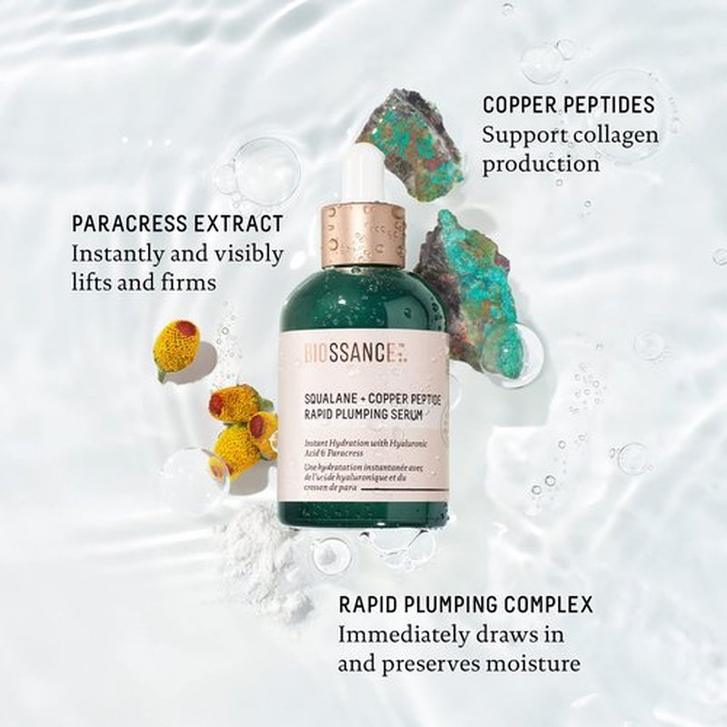 Biossance Squalane + Copper Peptide Rapid Plumping Serum - Face Serum for All Skin Types - Visibly Plumping + Firming Skin, Fine Lines + Wrinkles, Vegan Copper Peptides, Hyaluronic Acid - 0.4oz