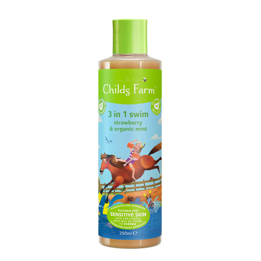 Childs Farm, Kids 3 in 1 Swim, Strawberry and Organic Mint, Body Wash, Shampoo and Conditioner, Suitable for Dry, Sensitive and Eczema-Prone Skin, 8.4 Fl Oz