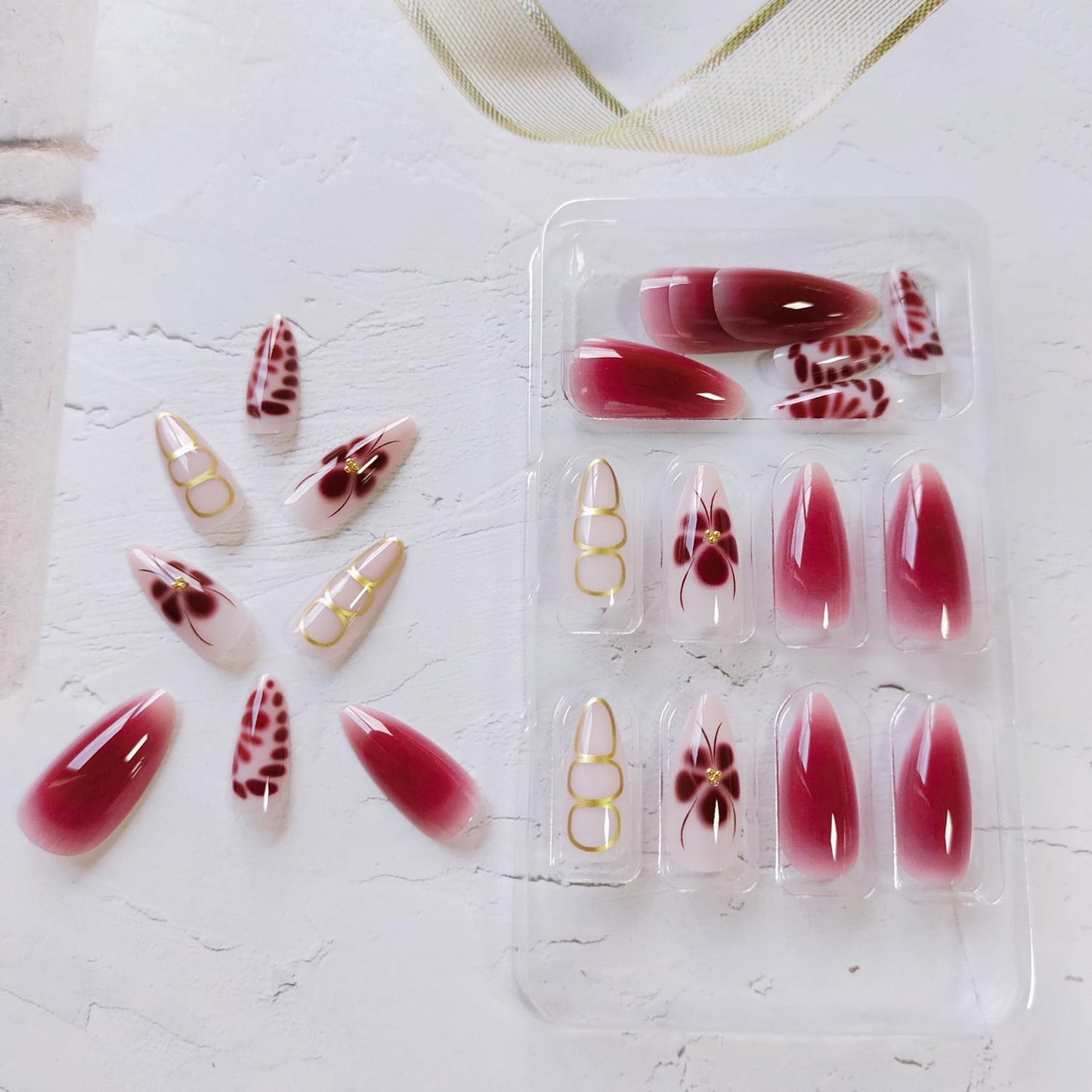 Dark Red Flower Press on Nails Short Almond Fake Nails with Floral Designs Cute Spring False Nails Glossy Gel Acrylic Nails Full Cover Glue on Nails Summer Ombre Stick on Nails for Women 24Pcs