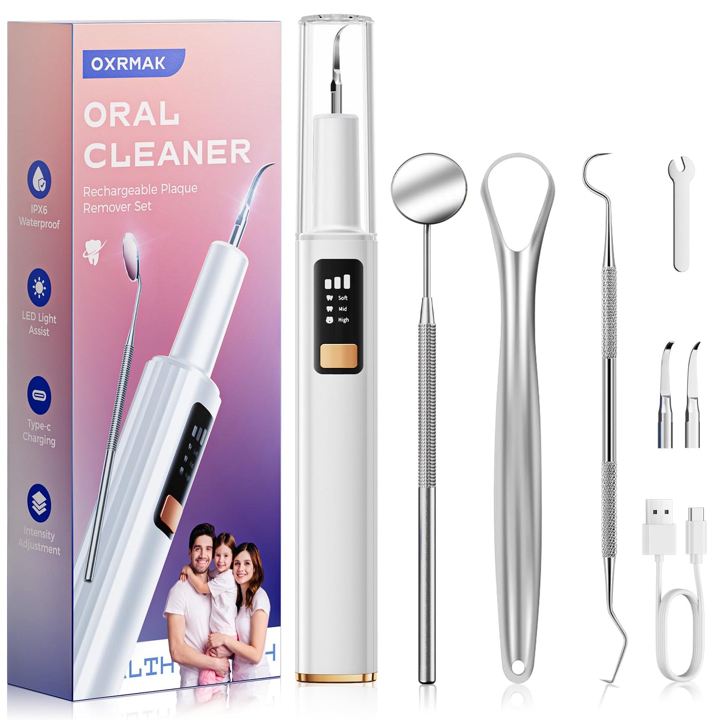 Plaque Remover for Teeth, Tartar Remover for Teeth with 3 Modes & Tongue Cleaner – Rechargeable Teeth Cleaning Kit with LED Light, Portable, Includes 2 Replacement Heads