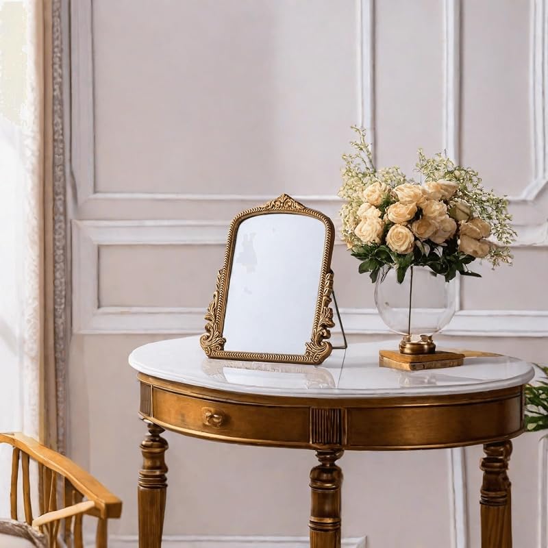 Small Gold Vintage Vanity Mirror with Wooden Frame - 11.8x9.6 Inch Tabletop Makeup Mirror