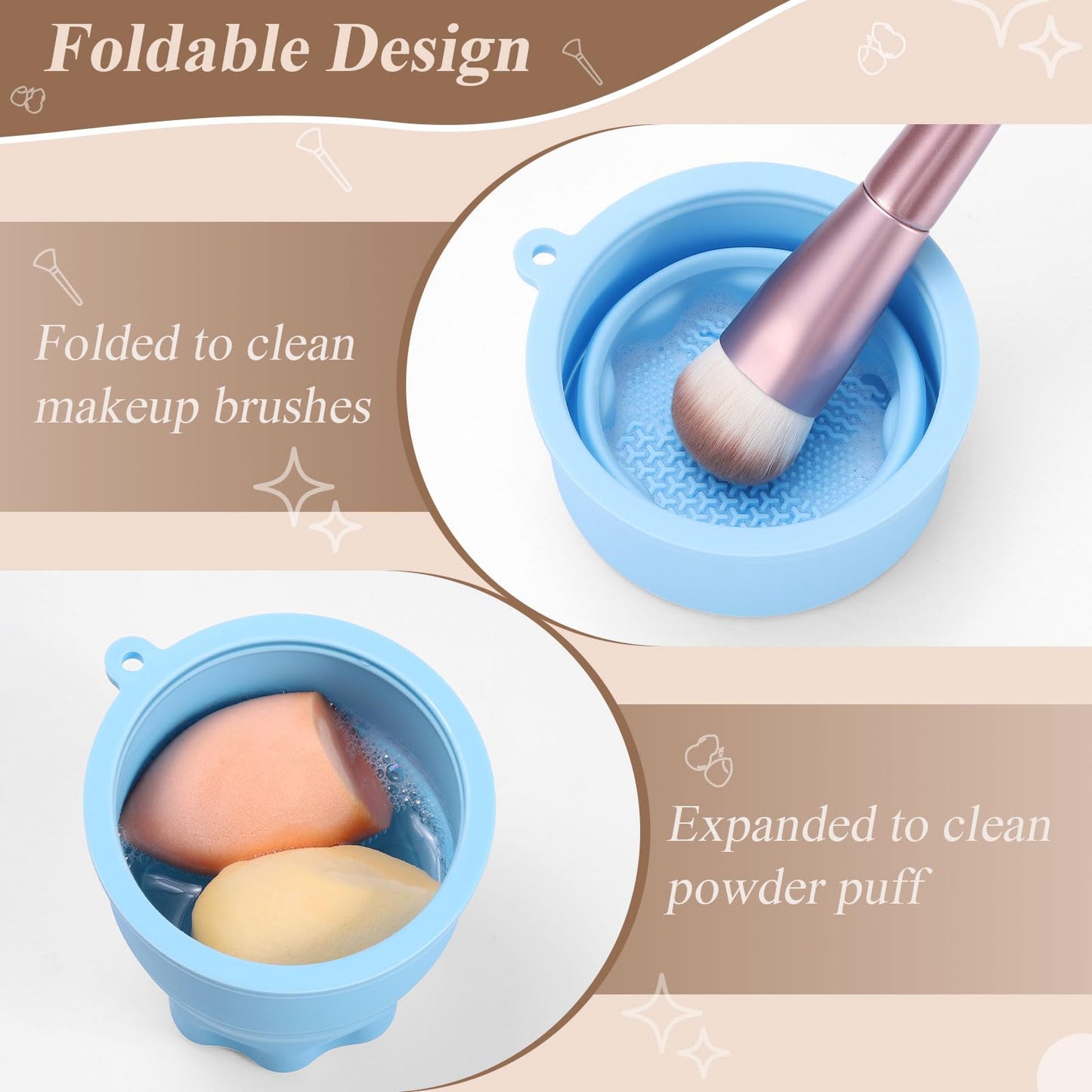 WantGor Makeup Brush Cleaner Mat with Brush Storage Holder, 3 in 1 Foldable Silicone Bowl Cosmetic Brushes Cleaning Pads Tool for Makeup Brush, Makeup Sponge, Powder Puff (Blue)