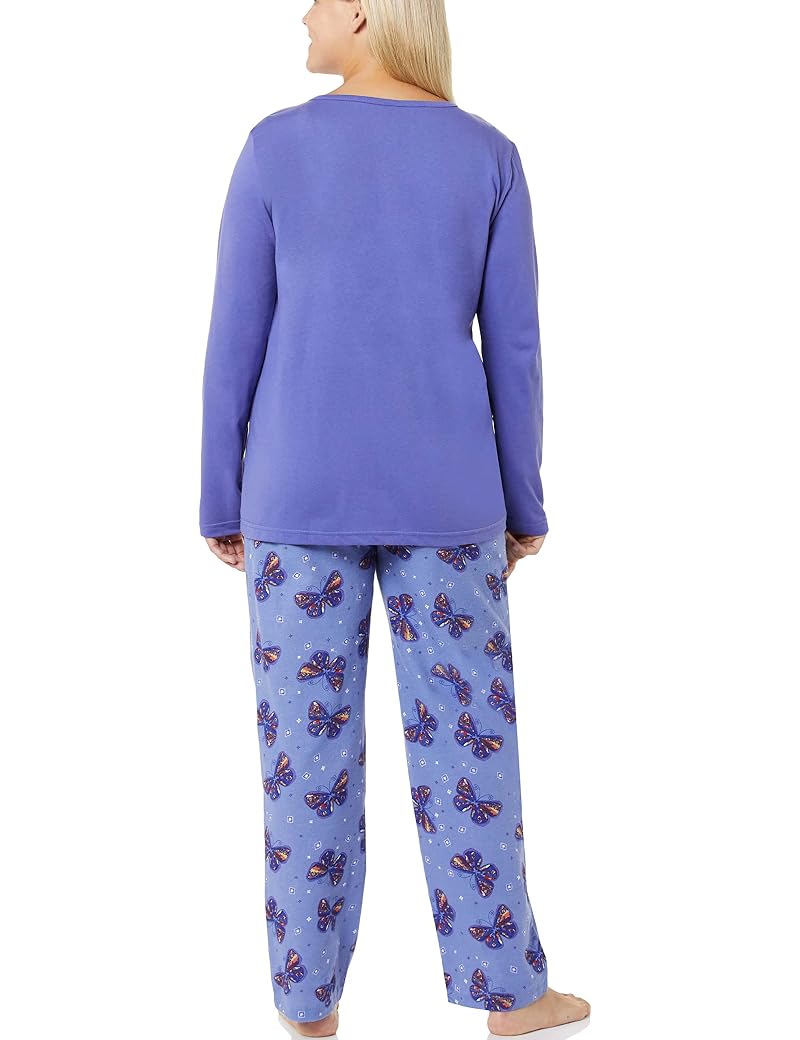 Butterfly Print 2-Piece Flannel Pajama Set for Women - 100% Cotton, Small, Purple Butterfly