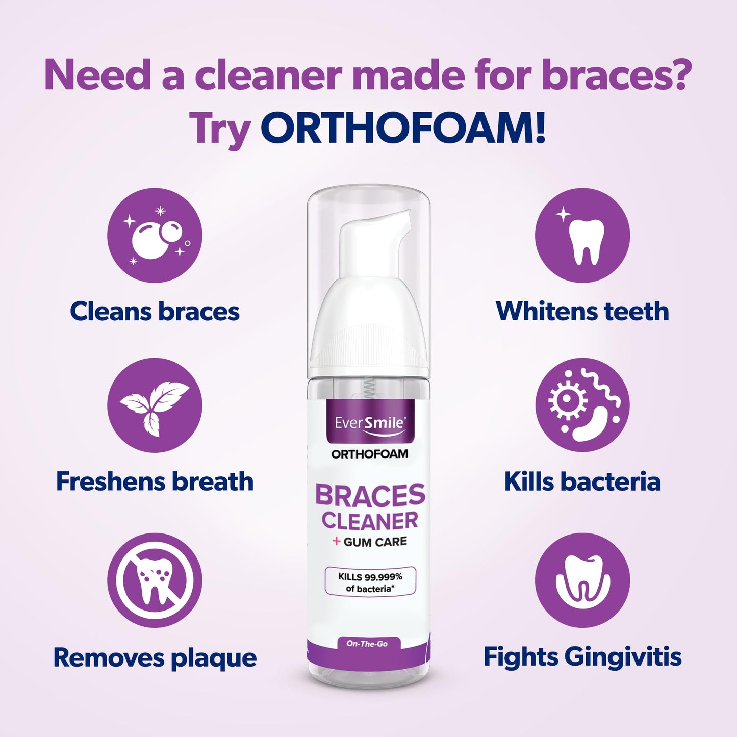 EverSmile OrthoFoam Braces Cleaner — Brushable Foam Whitens Teeth, Eliminates Bacteria, Fights Plaque and Bad Breath – Cleans Under Metal, Ceramic, Clear Brackets and Wires – 50ml