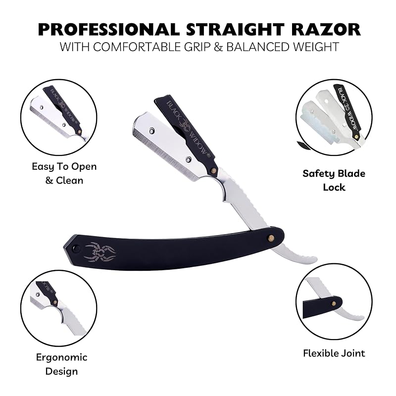 Black Widow Professional Barber Straight Edge Razor – 1.5mm Blade Exposure, 2.6 oz Stainless Steel Shavette (10 DE Blades) – Matte Black & Chrome, Swing-Lock