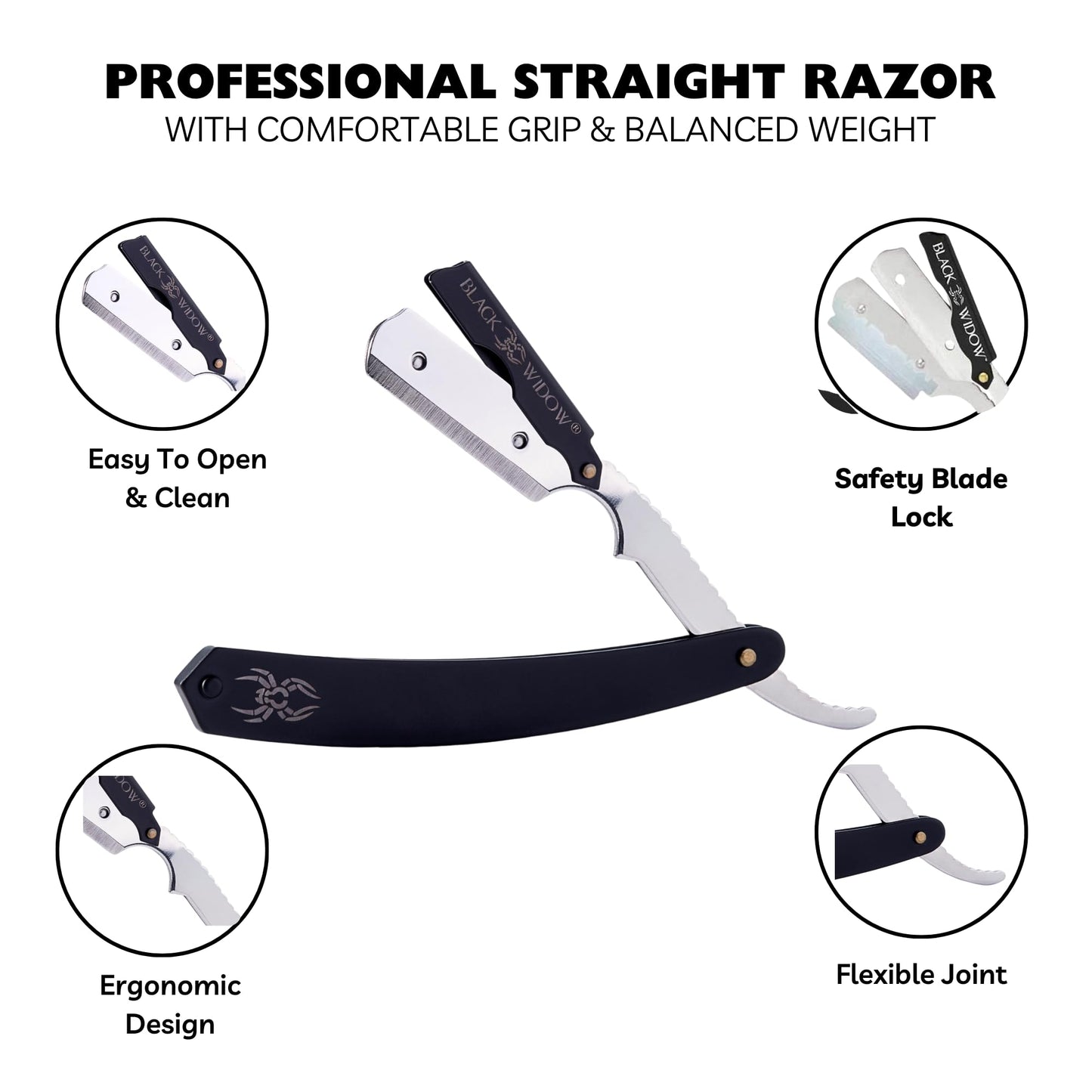 Black Widow Professional Barber Straight Edge Razor – Stainless Steel Shavette, 1.5 mm Blade Exposure, Matte Black & chrome, 10 Double Edge Blades (20 Single-Edge) for Lineups & Beard Shaping