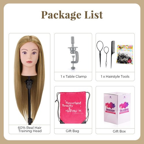 28" Mannequin Head Human Hair, Mannequin Head with 60% Real Hair,Cosmetology Mannequin Doll Head for Hair Styling,Training Practice Braiding Manikin Head with Table Clamp,Hair Styling Set #27