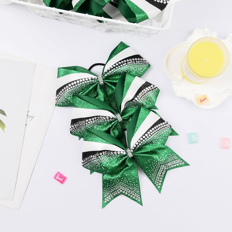 Glitter Cheer Bows 6 Pack Large 7-8 Inch Rhinestone Elastic Hair Bows for Cheerleaders Green Black White