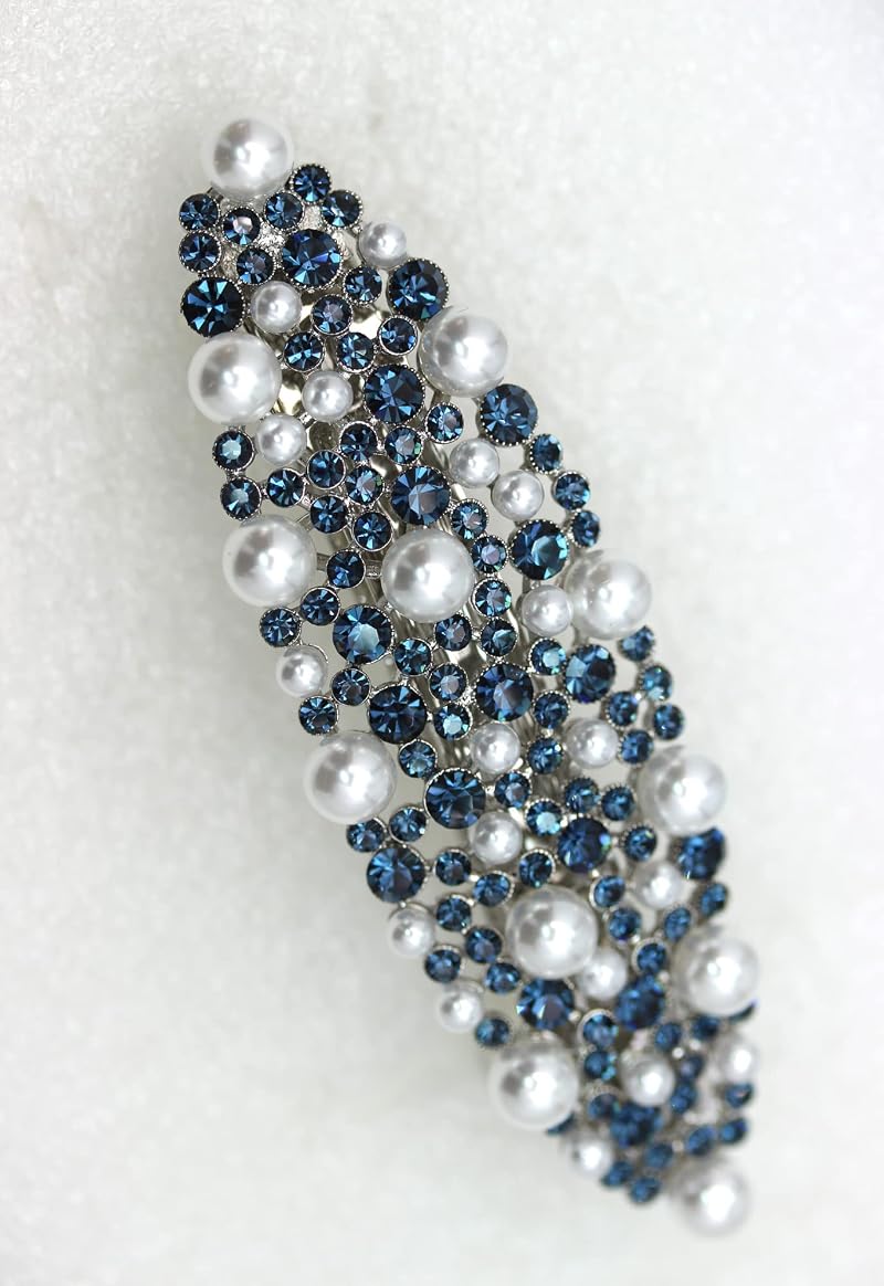 Faship Navy Blue Rhinestone Pearl Floral Barrette - Bridal Hair Clip, 3.75"