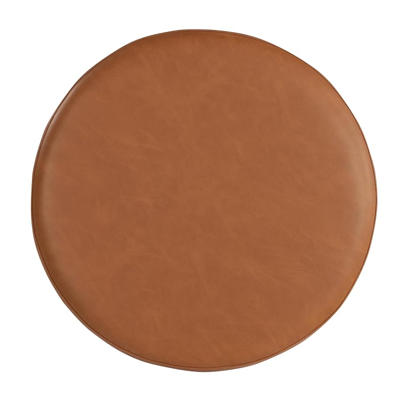 Wentworth 19” Round Faux Leather Ottoman Bench - Caramel Brown, Stationary Backless Footstool